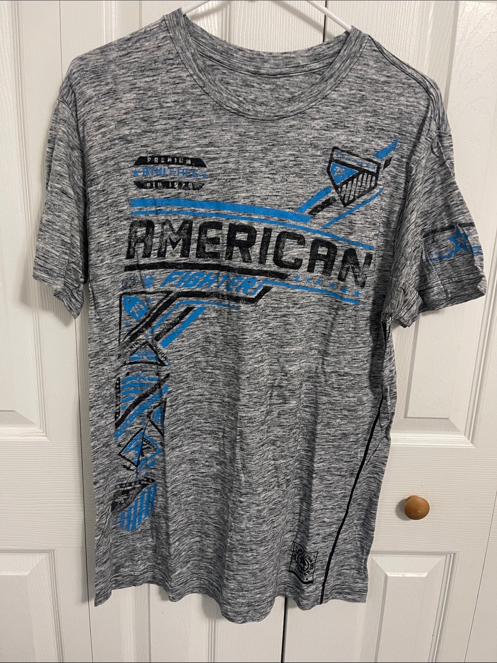 American Fighter Gray Heather Tee with Blue and Black Graphic